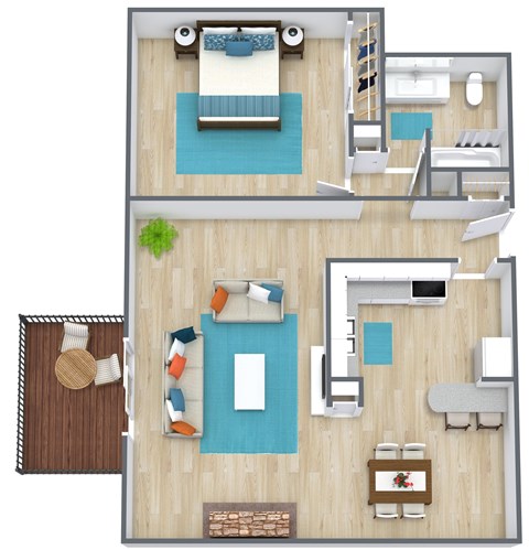 A top-down view of a living room, kitchen, and bedroom.